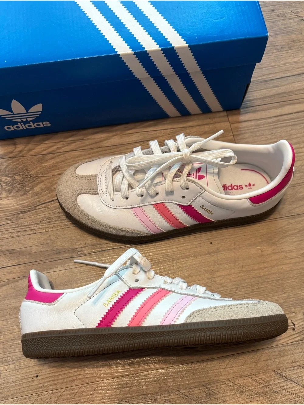 Hard to find adidas Kids Samba Sneakers in White with Pink Stripes